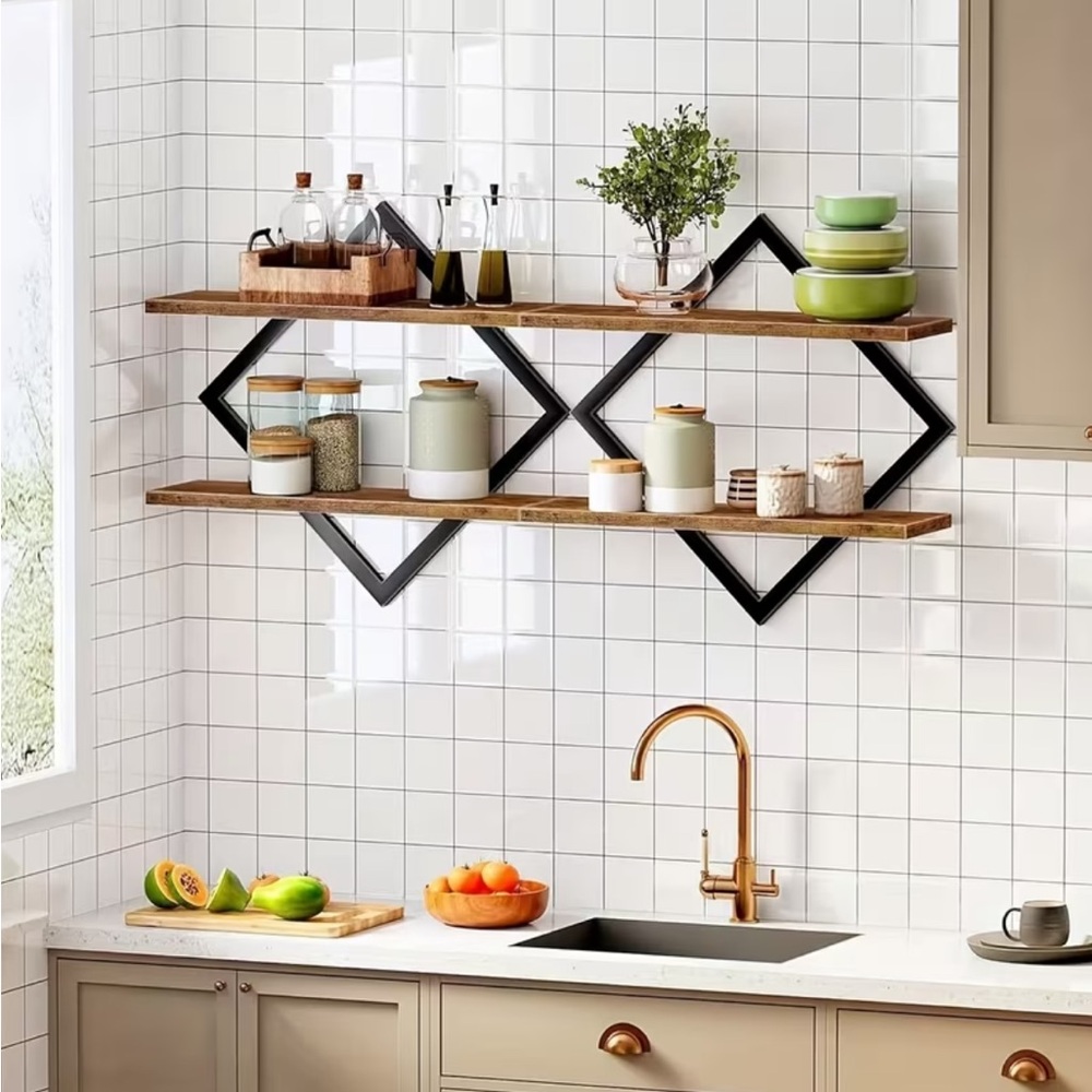 💠 Petite Black and Brown Diamond Floating Wall Shelves – Set of 2 Units - Picture 3 of 13